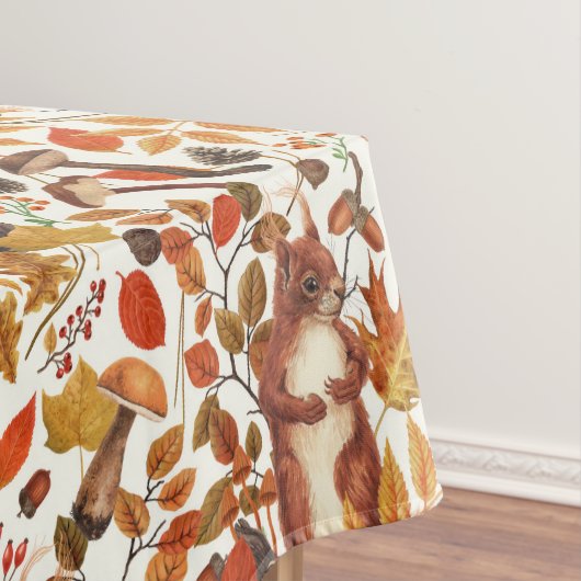 秋のリスと秋の花が白く咲く テーブルクロス (インサイチュ)