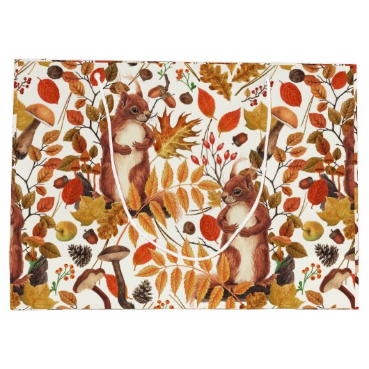 秋のリスと秋の花が白く咲く ラージペーパーバッグ (裏面)