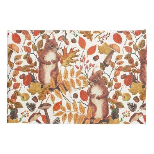 秋のリスと秋の花が白く咲く 枕カバー (裏面-左)