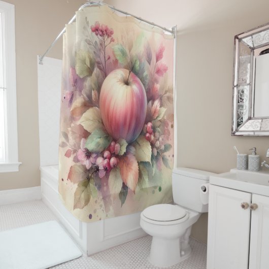 秋のリンゴはパステル色の水絵を描色の シャワーカーテン (インサイチュ)
