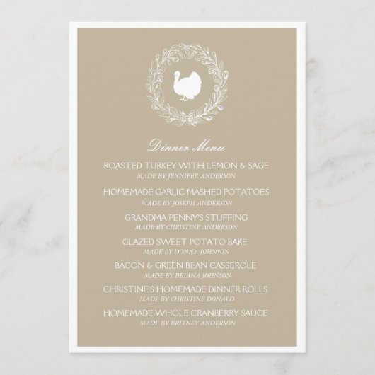 秋のリースの感謝祭の夕食メニューカード メニュー (正面)