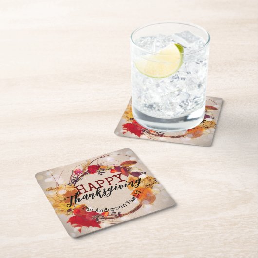 秋のリース素朴ハッピーサンクスギビング スクエアペーパーコースター (インサイチュ)