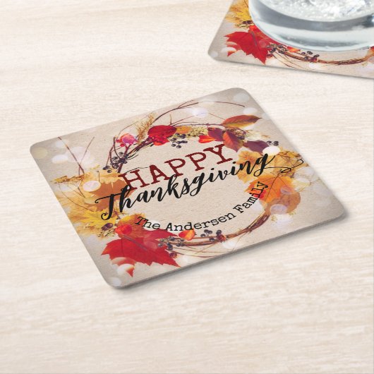 秋のリース素朴ハッピーサンクスギビング スクエアペーパーコースター (アングル)