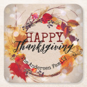 秋のリース素朴ハッピーサンクスギビング スクエアペーパーコースター (正面)