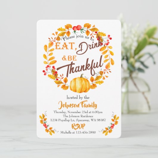 秋のリース 感謝祭の食事への招待 招待状 (スタンド正面)