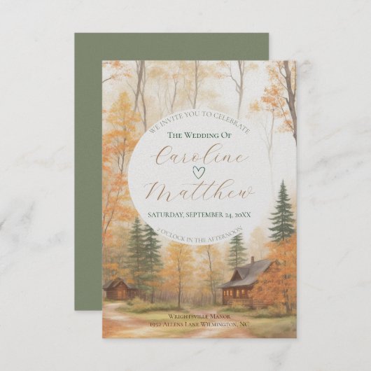 秋のログハウスでの結婚式招待状 セーブザデート (正面/裏面)