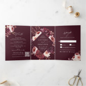 秋のロマンスウォーター色のフローラ結婚ズブルゴーニュ 三つ折り招待状 (内部)