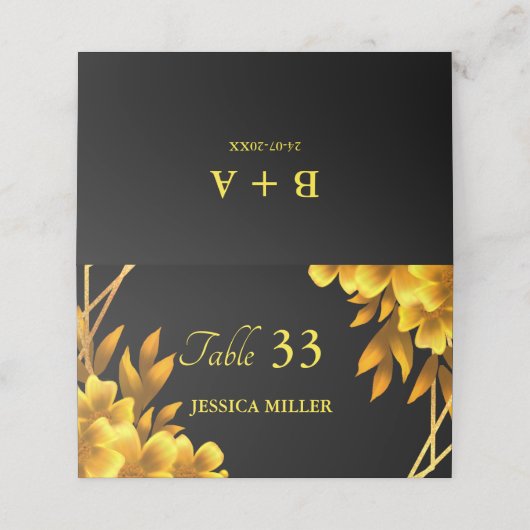 秋のロマンスフェイク金ゴールド&ブラックフローラル幾何学模様 プレイスカード (外部開封)