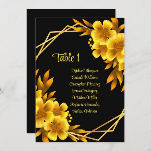 秋のロマンスブラック&金ゴールドフローラのシーティングチャート 招待状 (正面/裏面)
