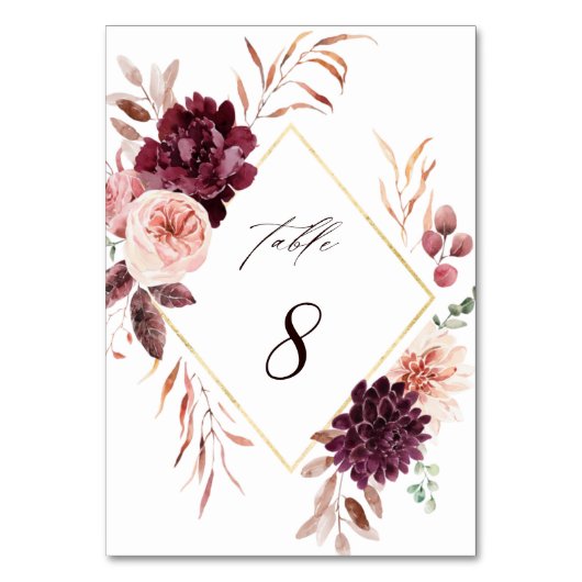 秋のロマンス金ゴールドフレームブルゴーニュ結婚ーズ テーブルナンバー (裏面)