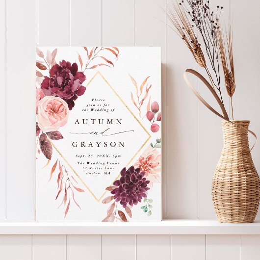 秋のロマンス金ゴールドフレームブルゴーニュ結婚ーズ 招待状