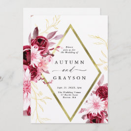 秋のロマンス金ゴールドフレーム結婚フローラ 招待状