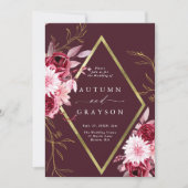秋のロマンス金ゴールドフレーム結婚フローラ 招待状 (正面)