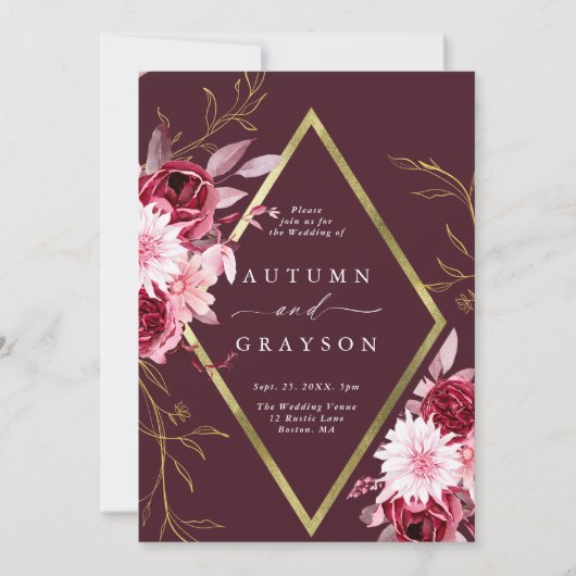 秋のロマンス金ゴールドフレーム結婚フローラ 招待状 (正面)