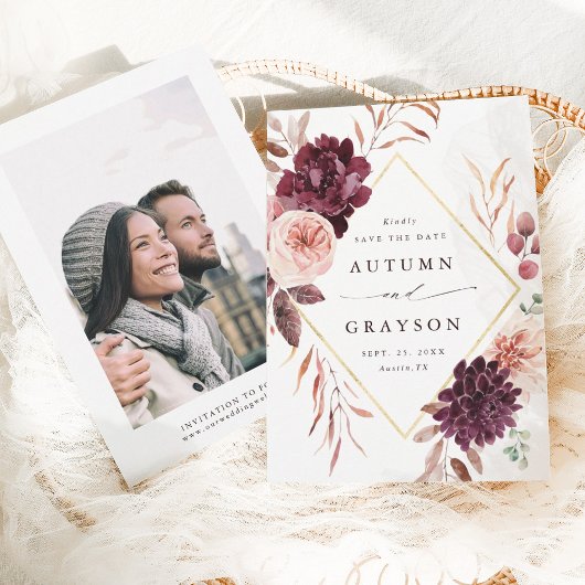 秋のロマンス金ゴールドフレーム結婚・ブルゴーニュの写真 セーブザデート