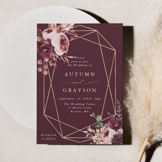 秋のロマンス金ゴールド幾何学的な水の結婚色の 招待状