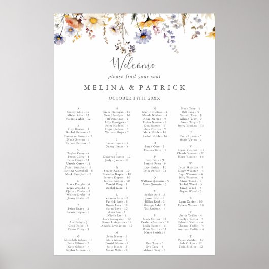 秋のワイルドフラワーのアルファベット式座席表 ポスター (正面)