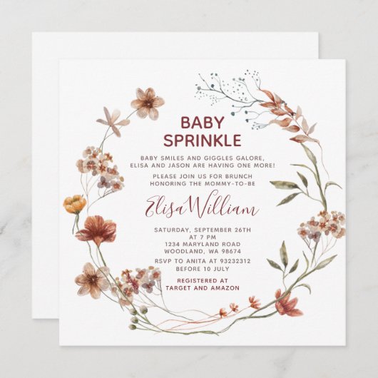 秋のワイルドフラワーウォータカラーベビー散布 招待状 (正面/裏面)