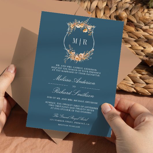 秋のワイルドフラワークレストQRコード ダスティーブルーウェディング 招待状