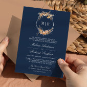 秋のワイルドフラワークレストQRコード ネイビーブルー結婚式 招待状