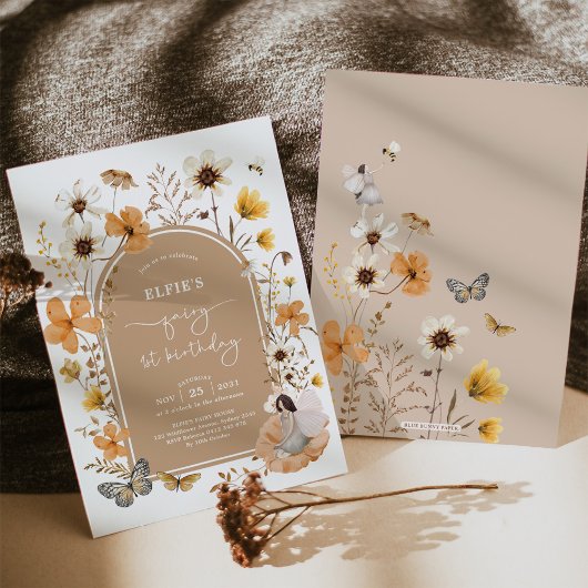 秋のワイルドフラワーフェアリーのファーストバースデーガーデンパーティー 招待状