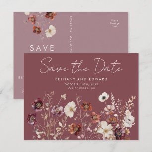 秋のワイルドフラワー モーブ 結婚式 Save the Date ポストカード