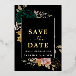 秋のワインレッド・エメラルドグリーン・ブラック Save The Date 箔招待状