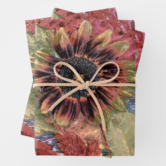 秋のヴィンテージひまわり素朴茶もみじ葉の ラッピングペーパーシート (インサイチュ)