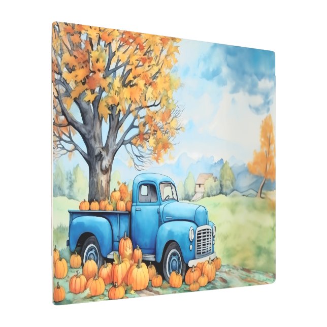 秋のヴィンテージピックアップとカボチャ30x20 メタルプリント (アングル)