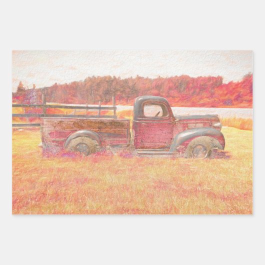 秋のヴィンテージレトロ素朴レッドファームトラック ラッピングペーパーシート (正面3)