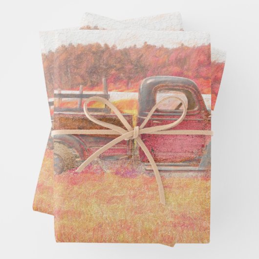秋のヴィンテージレトロ素朴レッドファームトラック ラッピングペーパーシート (インサイチュ)