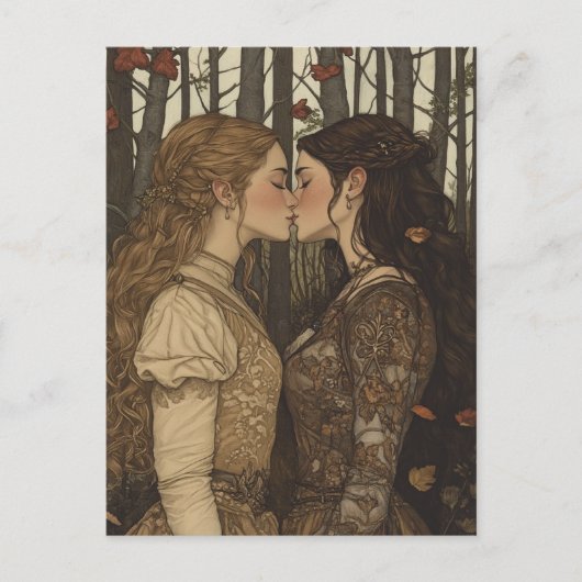 秋のヴィンテージ・フェアリーテール ラヴァーズ・キス ポストカード (正面)