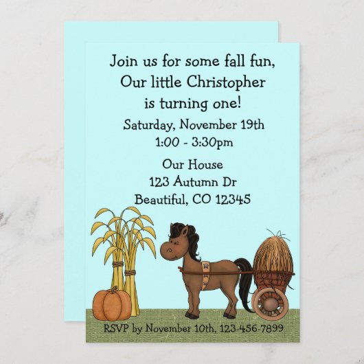秋の一歳の誕生日パーティの招待状 招待状 (正面/裏面)