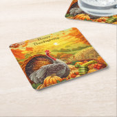 秋の七面鳥かぼちゃ感謝祭紙コースター スクエアペーパーコースター (アングル)