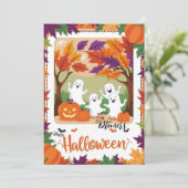 秋の不気味幽霊集まりハロウィングリーティング カード (スタンド正面)