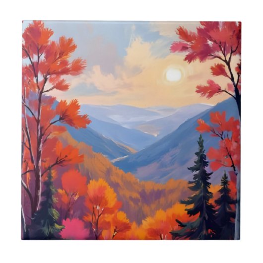 秋の丘 | 紅葉 水彩画 タイル (正面)