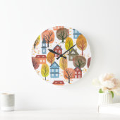 秋の優雅さ:水彩都市と木 ラージ壁時計 (ホーム)