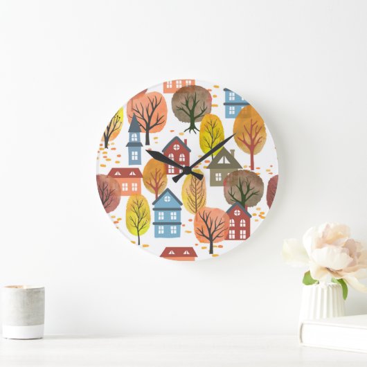 秋の優雅さ:水彩都市と木 ラージ壁時計 (ホーム)