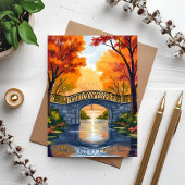 秋の公園の橋 | 紅葉の水彩カード