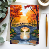 秋の公園の橋 | 紅葉の水彩カード