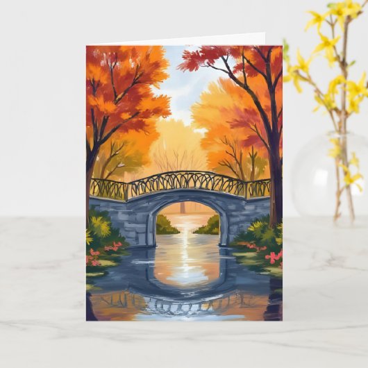 秋の公園の橋 | 紅葉の水彩カード カード (黄色い花)