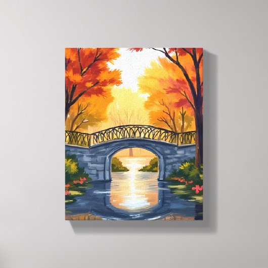 秋の公園の橋 | 紅葉の水彩画 キャンバスプリント (正面)