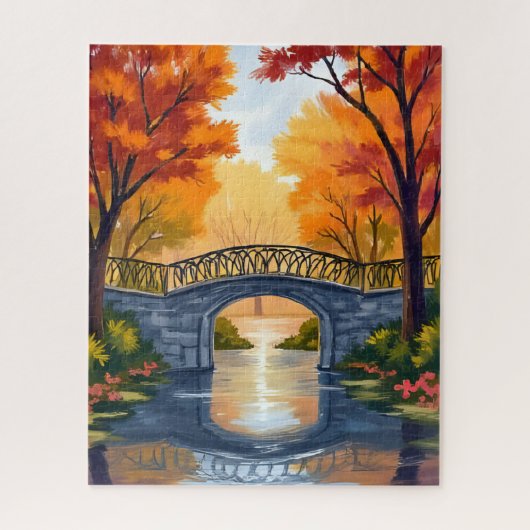 秋の公園の橋 | 紅葉の水彩画 ジグソーパズル (縦)