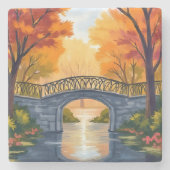 秋の公園の橋 | 紅葉の水彩画 ストーンコースター (正面)