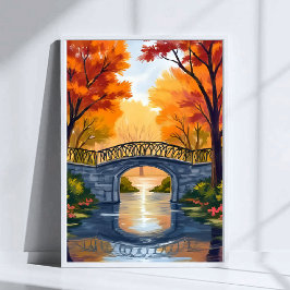 秋の公園の橋 | 紅葉の水彩画 ポスター