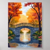 秋の公園の橋 | 紅葉の水彩画 ポスター (正面)
