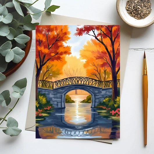 秋の公園の橋 | 紅葉の水彩画 ポストカード