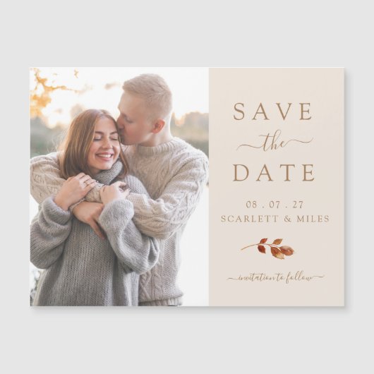 秋の写真付き結婚式延期案内状 マグネットカード (正面)