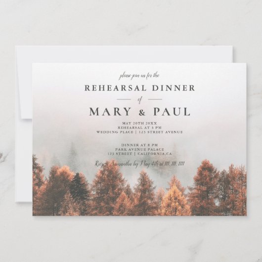 秋の冬の松の木の森のリハーサル夕食 招待状 (正面)