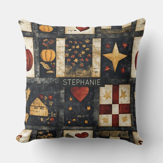 秋の初期のキルト模様 | ファームハウスハーベスト クッション (正面)